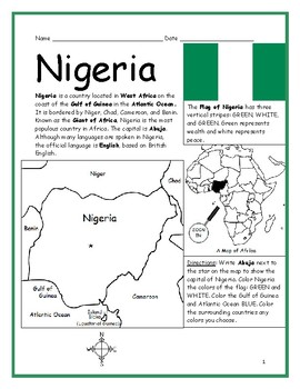 Preview of NIGERIA Introductory Geography Worksheet with map and flag