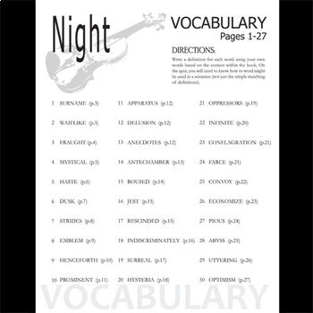 night vocabulary list and quiz 30 words pgs 1 27 by