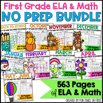 Preview of NO PREP 1ST Grade Math Worksheets and ELA Activities FULL YEAR BUNDLE