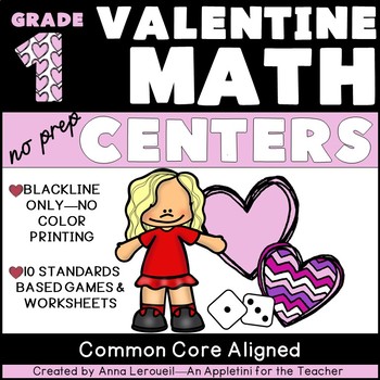 Preview of NO PREP 1st Grade Valentine's Day Themed Math Centers