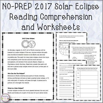 NO PREP 2017 Solar Eclipse Reading Comprehension and Worksheets