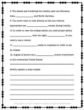 NO PREP 2017 Solar Eclipse Reading Comprehension and Worksheets | TpT