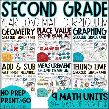 Preview of NO PREP 2nd Grade Curriculum | Math Worksheets and Activities YEAR BUNDLE