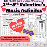 NO PREP!! 3-5 Valentine's Music Worksheets! February Sub T