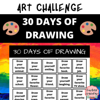 NO PREP - 30 Days of Drawing Prompt Calendar for Art by Teaching Confidence