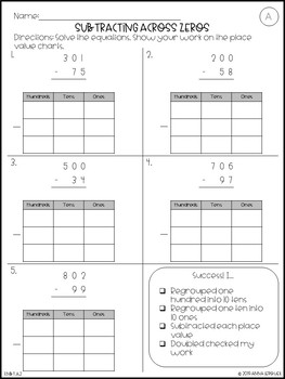 NO PREP 3rd Grade Subtracting Across Zeros Worksheets & Answer Keys