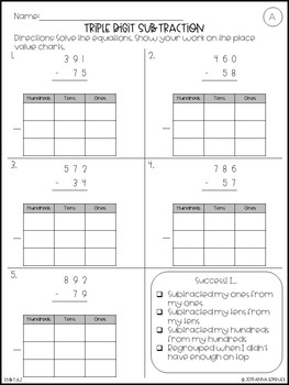 NO PREP 3rd Grade Triple Digit Subtraction WITH Regrouping Worksheets