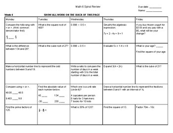 Weekly math review 6th grade answers weekly homework sheet q37 fill. 