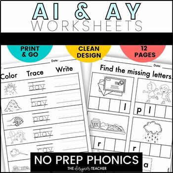 Preview of NO PREP AI and AY Worksheets Long A Vowel Teams Phonics Word Work Practice