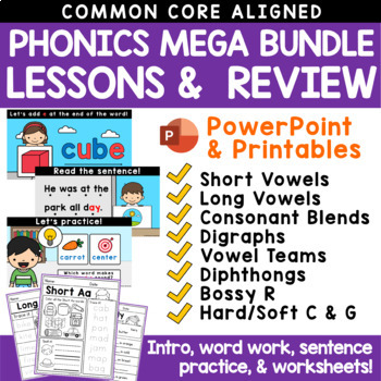 Preview of NO PREP ALL YEAR Phonics PowerPoint Mini Lessons and Phonics Worksheets