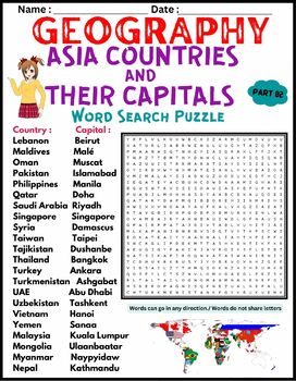 Preview of NO PREP ASIA GEOGRAPHY & THEIR CAPITALS Word Search Worksheet Activity