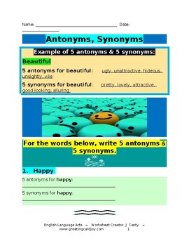 Preview of NO PREP Antonym, Synonym Handout~Correct Run-On Sentences; Learn Comma Placement