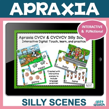 Preview of NO PREP Apraxia CVCV & CVCVCV Scenes PDF & BOOM CARDS