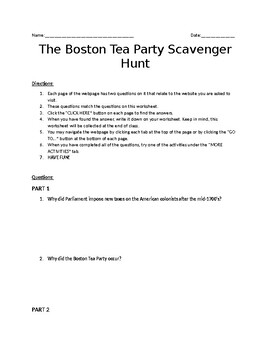Preview of NO PREP Boston Tea Party Online Scavenger Hunt (WORKSHEET)