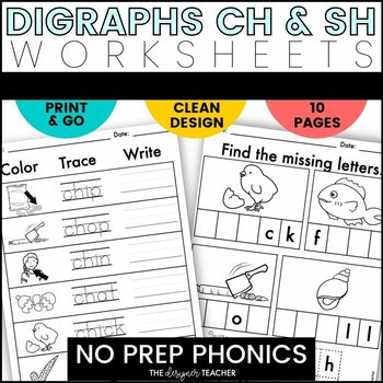 Preview of NO PREP CH SH Digraphs Worksheets and Word Work Practice Activities