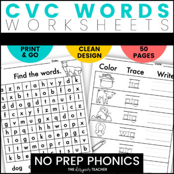 Preview of NO PREP CVC Word Worksheets Short Vowels A E I O U Word Work Phonics BUNDLE