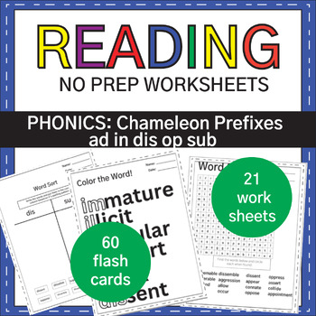 Preview of NO PREP : Chameleon prefixes ad in dis op sub : Phonics Worksheets