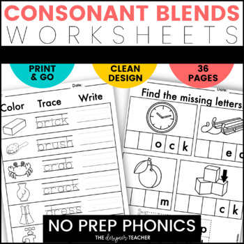Preview of NO PREP Consonant Blends Worksheets Phonics Word Work BUNDLE for S L & R Blends