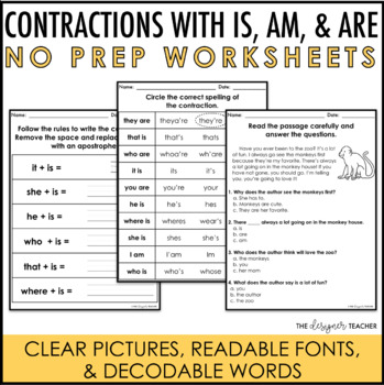 Preview of NO PREP Contractions With Is, Am & Are Worksheets