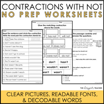 Preview of NO PREP Contractions With Not Worksheets