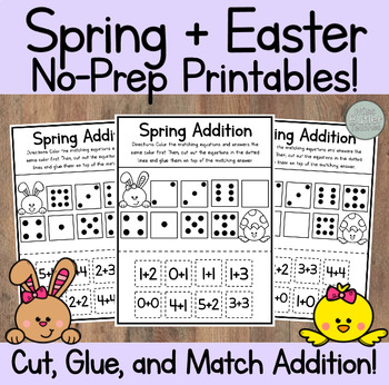Preview of NO PREP Cut, Glue, and Match Addition Spring + Easter Center Kindergarten, VPK