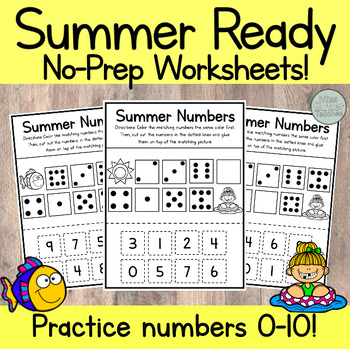 Preview of NO PREP Cut, Glue, and Match Numbers Summer Center Kindergarten, VPK