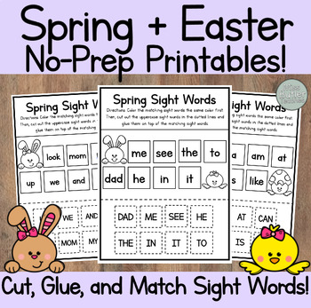 Preview of NO PREP Cut, Glue, and Match Sight Words Spring+Easter Center Kindergarten, VPK