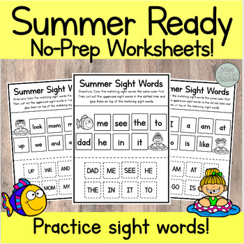 Preview of NO PREP Cut, Glue, and Match Sight Words Summer Worksheets Kindergarten, VPK