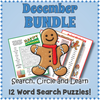 Preview of NO PREP DECEMBER BUNDLE - 12 Word Search Puzzle Worksheet Activities