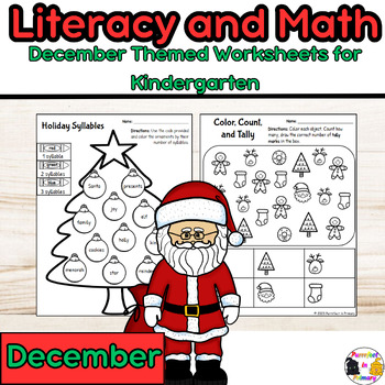 Preview of December NO PREP Literacy and Math Worksheets