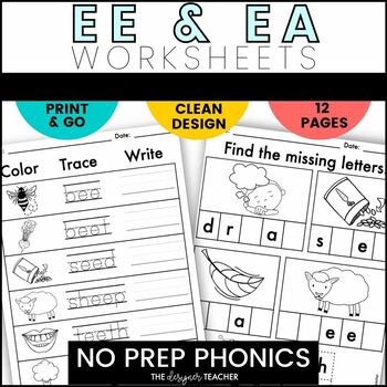 Preview of NO PREP EE EA Worksheets Long E Vowel Teams Phonics Word Work Activities