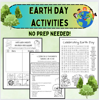 Preview of NO PREP Earth Day Student Activities (writing, cut and paste, reading, coloring)