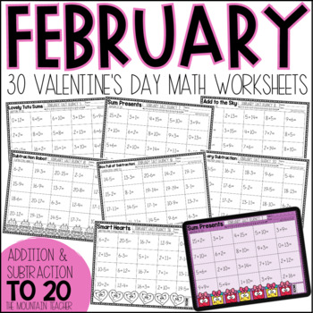 Preview of Valentine's Day Adding and Subtracting Up To 20 Worksheets | Math Fact Fluency