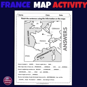 NO PREP France Map Cloze Activity for Bastille Day, French Language Day