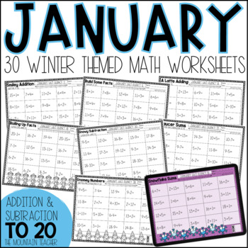 Preview of Winter Adding and Subtracting Up To 20 Worksheets | January Math Fact Fluency