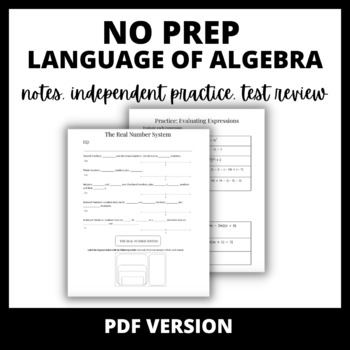 Preview of NO PREP -- Language of Algebra - Notes, Independent Practice, Test Review