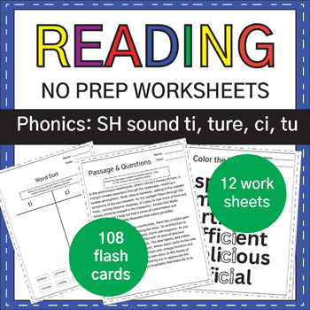 Preview of NO PREP : Latin Suffixes saying SH sound ti tu ci ture : Phonics Worksheets
