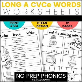 Preview of NO PREP Long A CVCe Word Worksheets Silent E Magic E Sneaky E Phonics Word Work