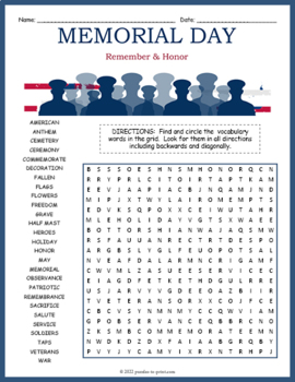 Memorial Day Word Search Puzzle  NO PREP Worksheets Activity