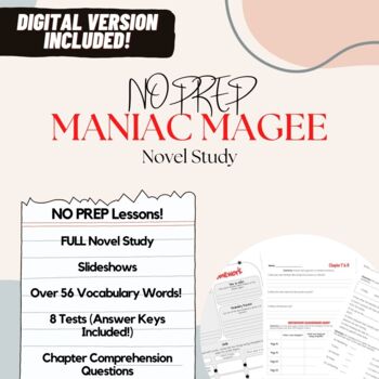 Preview of NO PREP Maniac Magee Novel Study: Vocabulary Cards and Tests - DIGITAL AND PRINT