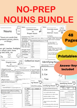 Preview of NO-PREP Nouns Printable Worksheet Bundle - For Grades 1-7