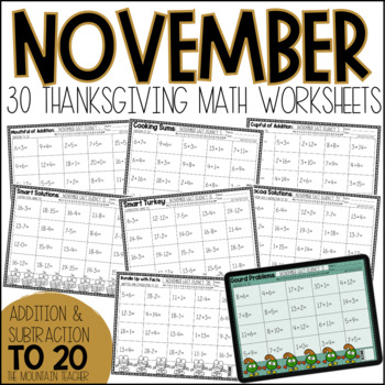Preview of Thanksgiving Adding and Subtracting Up To 20 | Math Fact Fluency Worksheets
