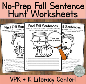 Preview of NO PREP November Sentence Hunt Literacy Center - Kindergarten, VPK, 1st Grade