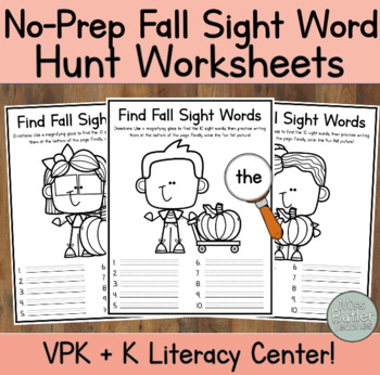 Preview of NO PREP November Sight Word Hunt Literacy Center - Kindergarten, VPK, 1st Grade