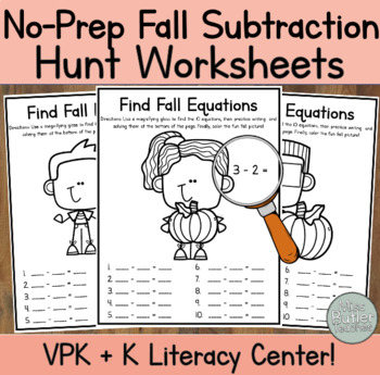 Preview of NO PREP November Subtraction Hunt Literacy Center - Kindergarten, VPK, 1st Grade