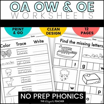Preview of NO PREP OA OW OE Worksheets Long O Vowel Teams Phonics Word Work Activities