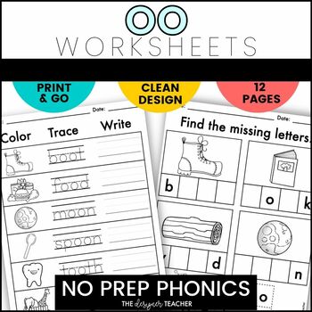Preview of NO PREP OO Sound Worksheets and Phonics Word Work Practice Activities