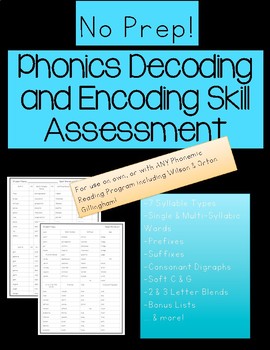 Preview of NO PREP Phonics Assessment Decoding and Encoding Orton Gillingham