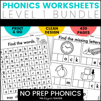 Preview of NO PREP Phonics Worksheets Complete Word Work BUNDLE Level I First Second Grade