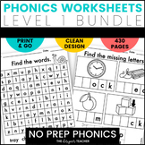 NO PREP Phonics Worksheets Complete Word Work BUNDLE Level